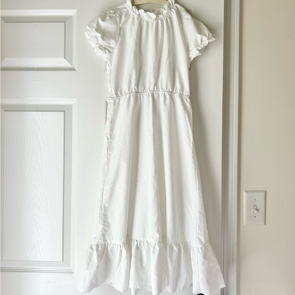 White Ruffle-Hem Girls' Casual Dress Wedding summer Easter midi dress